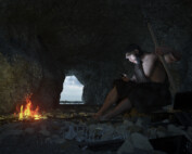 Höhlenmensch mit Handy Höhle digital Neanderthaler
